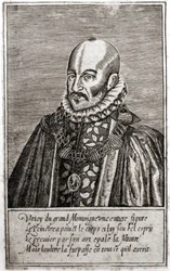 Portret van Michel de Montaigne (1533-1592), Franse schrijver. Gravure door Thomas de Leu.