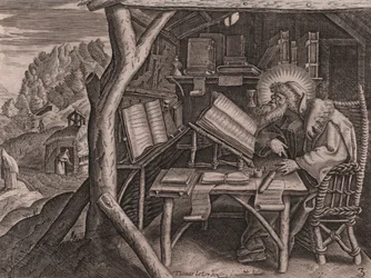 Sint Evagrius Ponticus verdiept in zijn studies, ets en burijn door Thomas de Lieu (1560-1612)