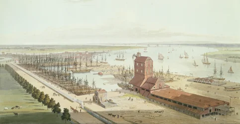 Het Mast House en Brunswick Dock in Blackwell, 1803