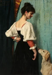 Portret van een jonge vrouw met de hond Puck