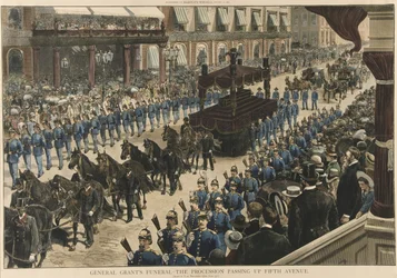 Begrafenis van generaal Grant - De processie trekt over Fifth Avenue, uit Harpers Weekly, uitgegeven 1885