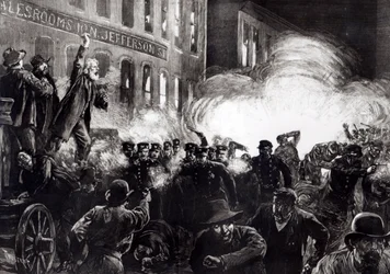 De anarchistische rel in Chicago: een dynamietbom ontploft onder de politie, uit 