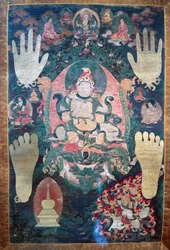 Gnya-Khri btsan-Po, legendarische eerste koning van Tibet, reïncarnatie van bodhisattva Avalokitesvara, een van de tijdelijke en spirituele leiders van Tibet, schilderij op doek, Tibetaanse beschaving