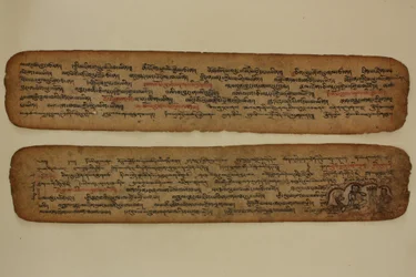 Milarepa in zijn grot, onderricht aan een jager, ca.1400-99 (verlucht manuscript)