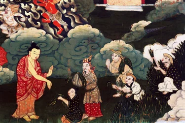 Aanbieden van grasbossen, scènes uit het leven van Boeddha Shakyamuni