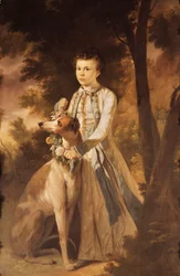 Portret van John Graham, als jongen, in Indiase kleding met een bloemenkrans rond de nek van een windhond aan zijn zijde, in een landschap