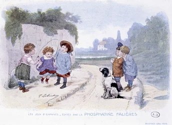 Kinderspelen: Meisjes spelen touwtje springen - tek. door Lobrichon, uitgegeven door Phosphatine Falieres, ca. 1920