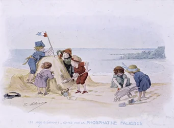 Kinderspelen: kinderen bouwen een zandkasteel - tek. door Lobrichon, ed. door Phosphatine Falières, ca. 1920