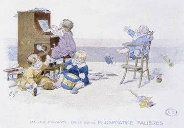 Kinderspelen: kinderen spelen verschillende muziekinstrumenten - tek. door Lobrichon, uitgegeven door Phosphatine Falières, ca. 1920