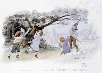Kinderspelen: kinderen spelen oorlog, soldaten - tek. door Lobrichon, ed. door Phosphatine Falières, ca. 1920