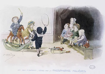 Kinderspelen: kinderen met verschillende speelgoed (hoepel, hobbelpaard, poppen...) - tek. door Lobrichon, ed. door Phosphatine Falieres, ca. 1920