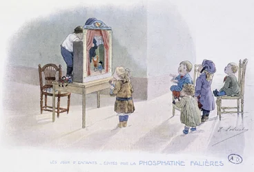 Kinderspelen: poppen (Guignol?) - tek. door Lobrichon, ed. door Phosphatine Falières, ca. 1920