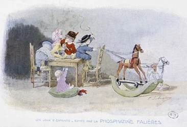 Kinderspelen: schommelpaarden - tek. door Lobrichon, uitgegeven door Phosphatine Falières, ca. 1920