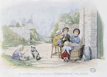 Kinderspelen: het spel van vissen in een emmer - tek. door Lobrichon, uitgegeven door Phosphatine Falieres, ca. 1920