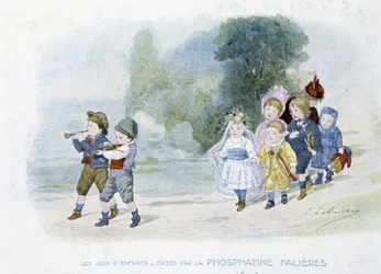 Kinderspelen: huwelijksstoet, kinderen verkleed als bruiden - Tekening van Lobrichon, uitgegeven door Phosphatine Falières, ca. 1920