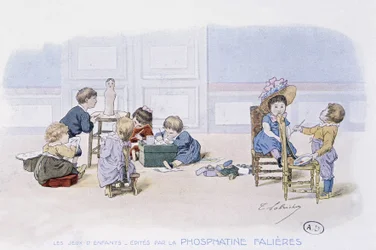 Kinderspel: schilderen en modelleren - tekening van Lobrichon, uitgegeven door Phosphatine Falières, ca. 1920