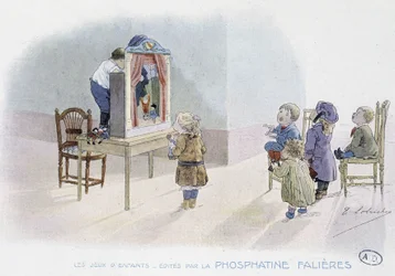 Kinderspelen: poppenkast - tekening van Lobrichon, uitgegeven door Phosphatine Falières
