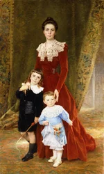 Portret van een dame, staand ten voeten uit, met haar kinderen