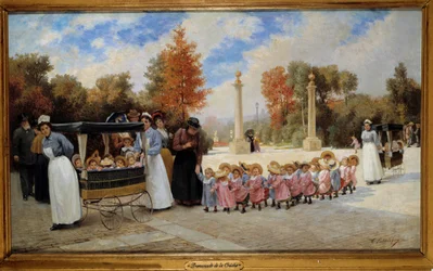 Wandeling van kinderen in de Tuilerieën. Kindermeisjes wandelen met kinderen in wagentjes. Schilderij van Timoléon Lobrichon (1831-1914), 19e eeuw. Privécollectie