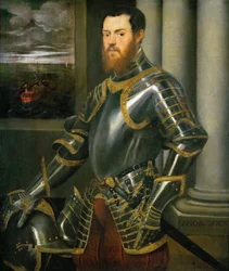 Portret van een man in vergulde harnas