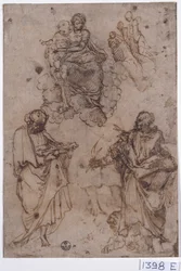 Madonna en Kind zittend op wolken met heiligen of apostelen