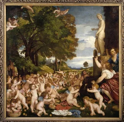 Offrande aan Venus Kleine liefdes (engeltjes) verzamelen zich om eer te bewijzen aan de godin Aphrodite