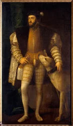 Portret van Keizer Karel V (1500 - 1558) op 35-jarige leeftijd met zijn hond Sampere