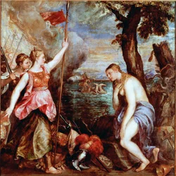 Spanje ter hulp van de Religie: allegorie van de overwinning van de troepen van paus Pius V (waaronder Spanje) over de vloot van het Ottomaanse Rijk in de zeeslag bij Lepanto in 1571. Een naakte vrouw (religie) wordt gered door een krijger die Spanje verte