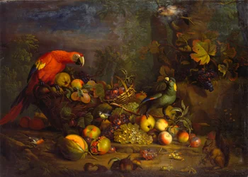 Papegaaien en fruit met andere vogels en een eekhoorn