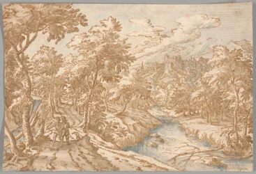 Landschap met twee mannen die wandelen
