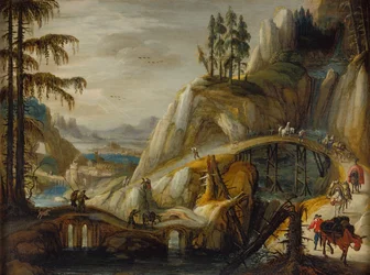 Reizigers in een Alpenlandschap