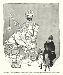 "Ah! Hier zijn Gog en Magog, Dit is de jonge dame die ik u noemde, heren" (litho)