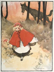 Roodkapje op weg naar haar grootmoeder, geobserveerd door een sinistere, loerende wolf. Illustratie door Tom Browne (1872-1910) voor het sprookje. Gepubliceerd in 1900