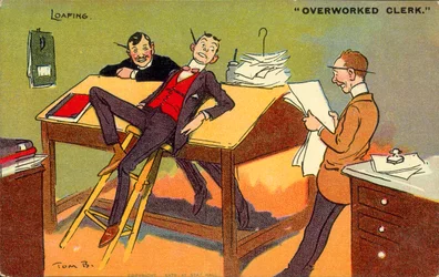 Lummelende, overwerkte klerk (kleurenlitho)