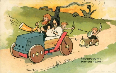 Prehistorische auto (kleurenlitho)