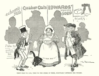 Ging eerst naar de een, toen naar de ander van hen, gastvrij haar terrine aanbiedend