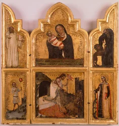 Houten, gouden polyptiek met Maagd en Kind, de opstanding van Christus en Heiligen