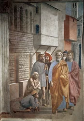 Sint-Petrus geneest zieken met zijn schaduw - De schaduw van Sint-Petrus geneest zieken - fresco van Tommaso di ser Giovanni di Mone Cassai, genaamd Masaccio (1401-1428), 229,8 x 161,9 cm