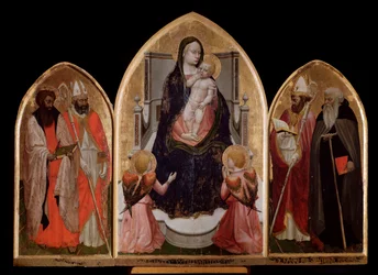 San Giovenale-drieluik: Maria met Kind, linker paneel met de heilige Bartholomeüs en de heilige Blasius, en rechter paneel met de heilige Juvenalis (Giovenale) - altaarstuk