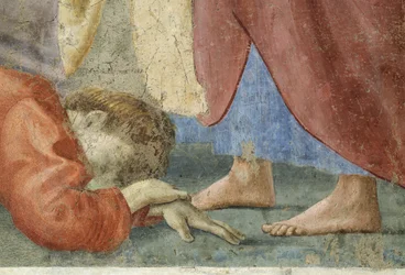 St. Peter verdeelt de gemeenschappelijke goederen van de kerk, en de dood van Ananias, detail van Ananias, dood aan de voeten van St. Peter