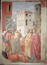 St. Petrus Verdeelt de Gemeenschappelijke Goederen van de Kerk en de Dood van Ananias, ca. 1427