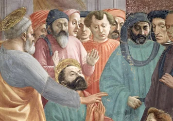 De opwekking van de zoon van Theophilus, koning van Antiochië, detail van SS. Peter en Paul en gezichten in de menigte