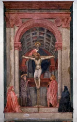 De Drie-eenheid: God de Vader ondersteunt de gekruisigde Jezus Christus, omringd door Sint-Jan, de Maagd Maria en twee schenkers - Fresco