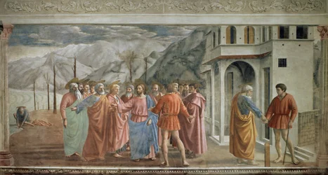 De belastingpenning, fresco van Tommaso di ser Giovanni di Mone Cassai, genaamd Masaccio (1401-1428), 254,5 x 598,3 cm