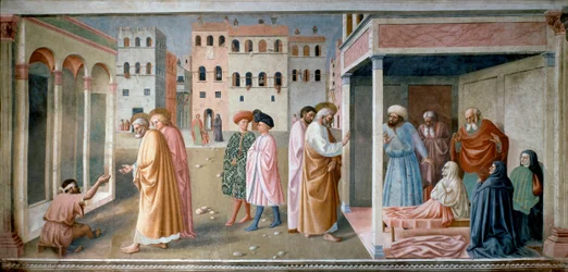 Sint-Pieter krijgers de estropy en opstanding van Tabitha Fresco door Tommaso di Cristoforo Fini genaamd Masolino da Panicale (1383-1440)
