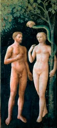 De verzoeking van Adam en Eva. Fresco van Tommaso di Cristofano Fini, genaamd Masolino da Panicale (1383-1440), 1424-1425. H. 208 x 88 cm. Florence, Chiesa di Santa Maria del Carmine, Cappella Brancacci