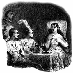 Een jonge vrouw en drie mannen die voor glazen wijn staan. (detail)