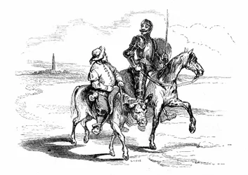 Don Quichot rijdt op zijn paard Rocinante met zijn trouwe schildknaap Sancho Panza op diens ezel. Illustratie bij Cervantes