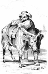 Sancho Panza (Panca), schildknaap van Don Quichot (Quijote, Quixote), en zijn ezel. Illustratie bij Cervantes