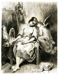 Jonge vrouw (spinner) slapend bij haar wiel - een engel leunt over haar schouder - slaap - droom - mijmering - liefde - gravure (ets 1845) door Tony Johannot (Antoine Johannot genoemd)